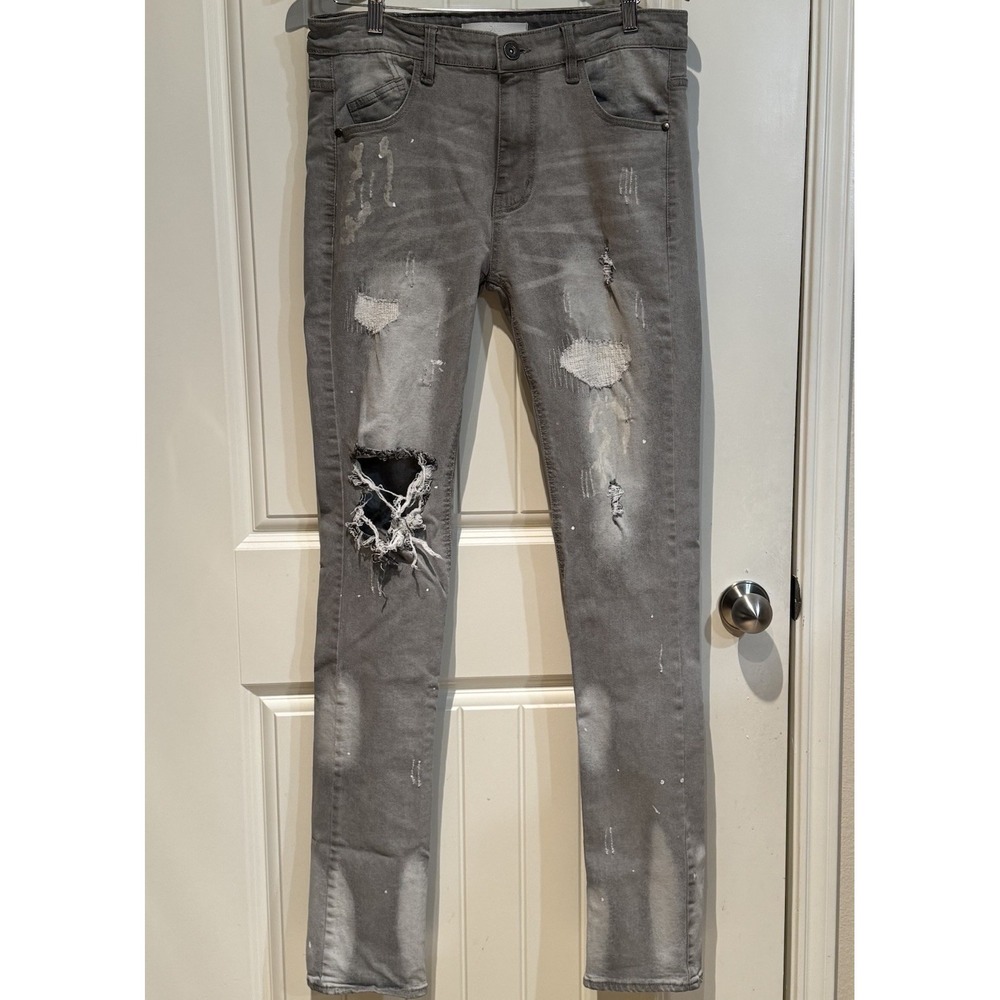 KDNK Stacked Skinny Jeans 33 (Tagged 34)‎ Grey Distressed Paint Splatter Y2K